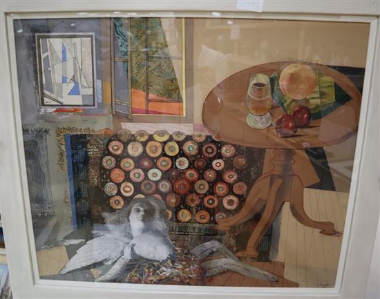 Bassett Fitzgerald Wilson (1888-1972), collage and watercolour, Interior, signed and dated 1966, 62 x 74cm